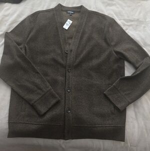 Express Men's Cardigan in Brown Herringbone